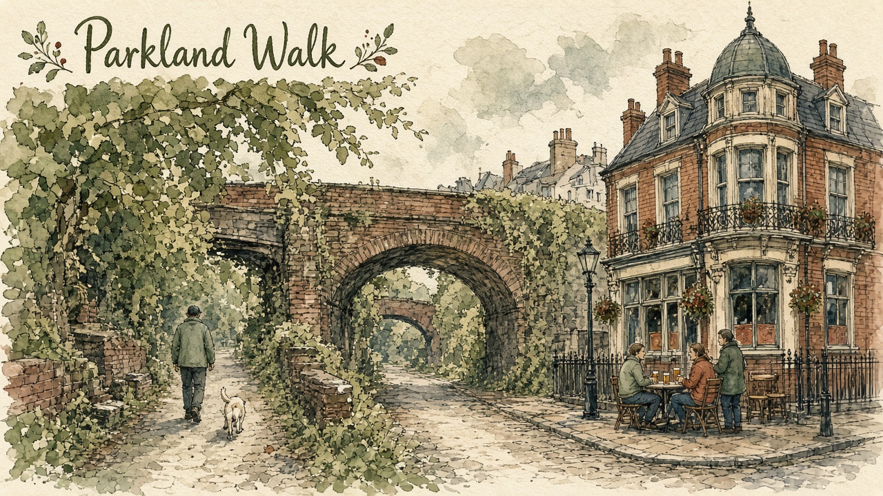 Watercolour of the Parkland Walk: a walker and a dog on the old railway path under a brick bridge, with a pub terrace on the right