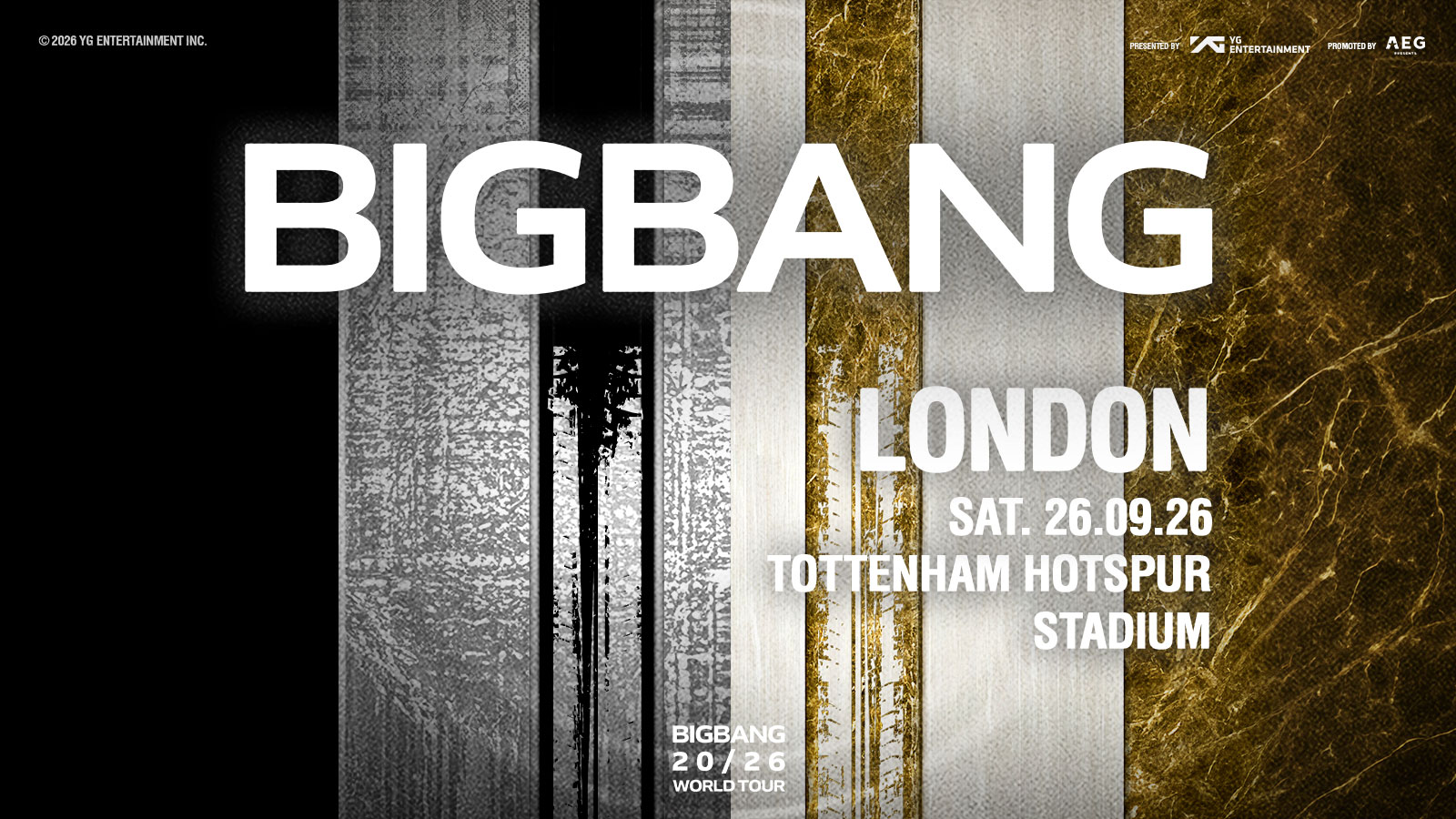 Official BIGBANG 20/26 World Tour poster for Tottenham Hotspur Stadium, 26 September 2026.