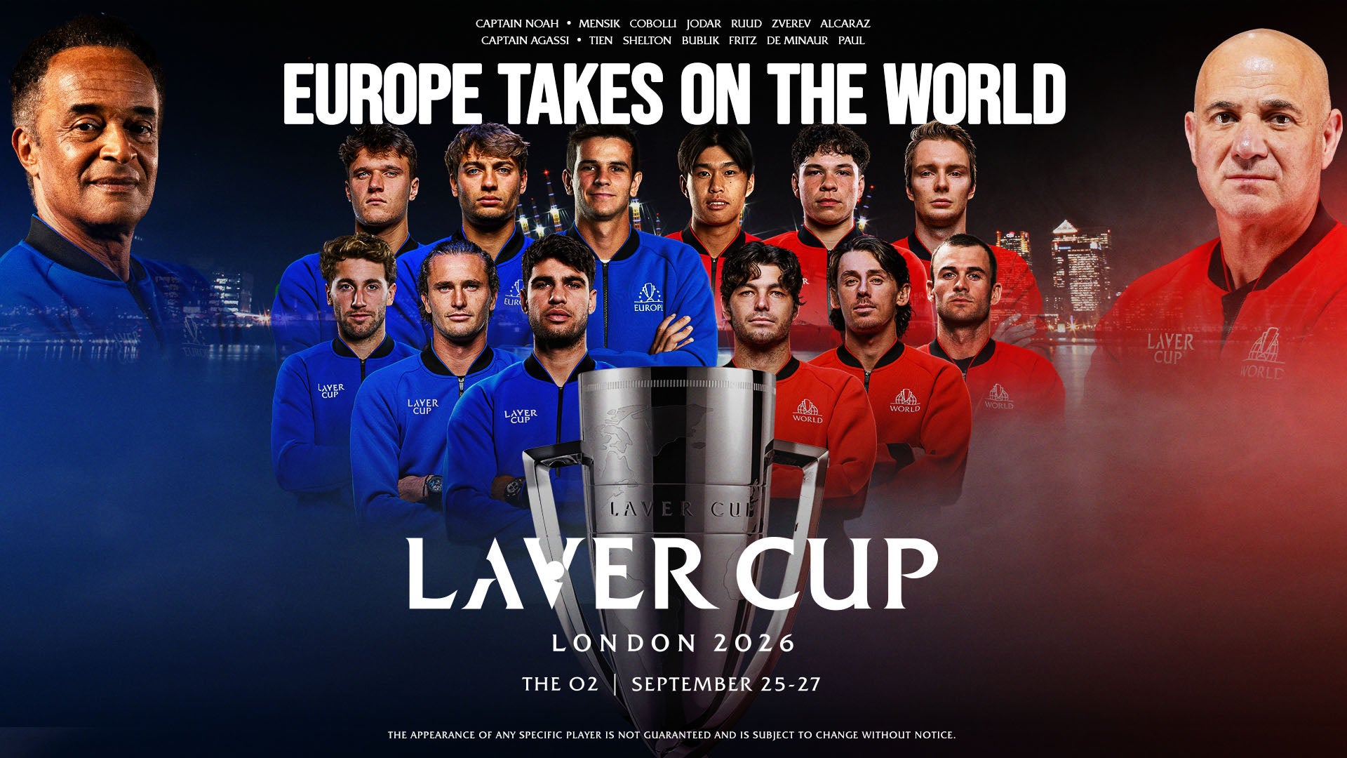 Official Laver Cup London 2026 promotional artwork for The O2, 25 to 27 September 2026.