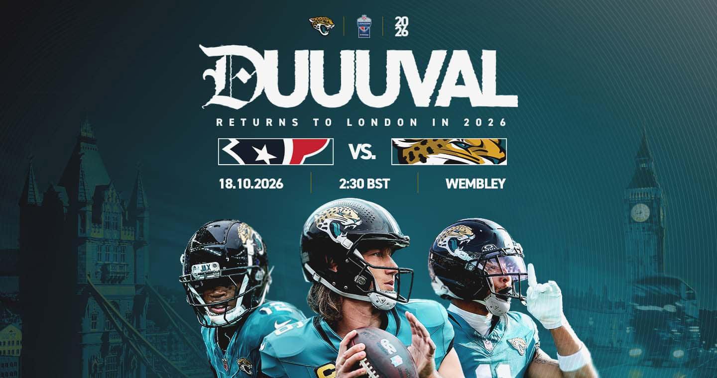 Jacksonville Jaguars UK / NFL London Games promo for Texans at Jaguars at Wembley, 18 October 2026.