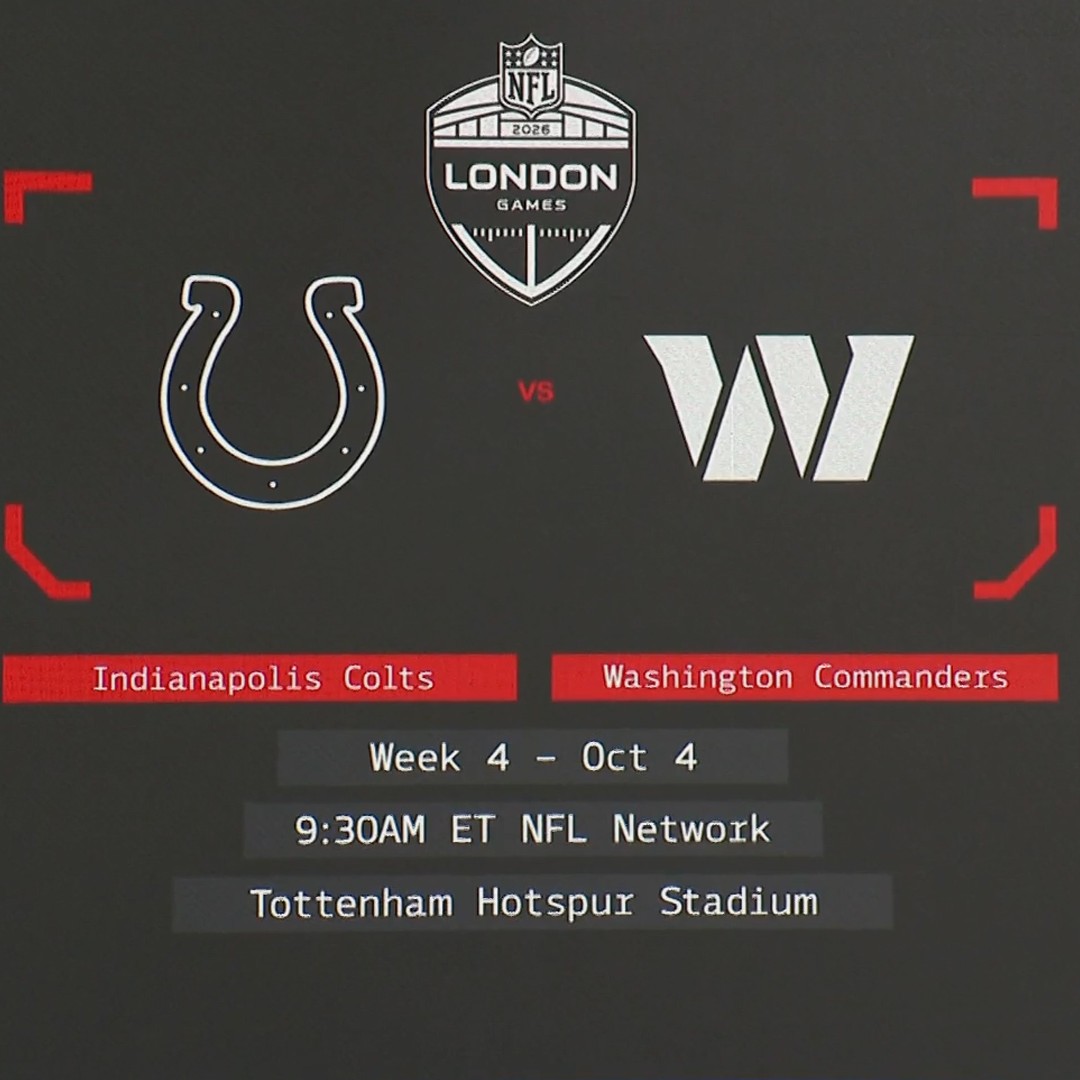 Official NFL London 2026 card artwork for Colts vs Commanders at Tottenham Hotspur Stadium, 4 October 2026.