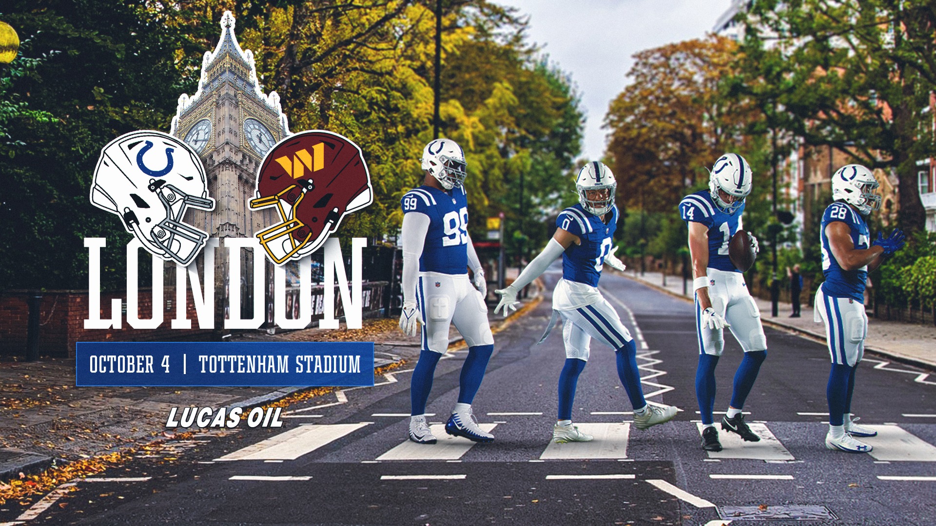 Official Indianapolis Colts / NFL London promo for Colts vs Commanders at Tottenham Hotspur Stadium, 4 October 2026.