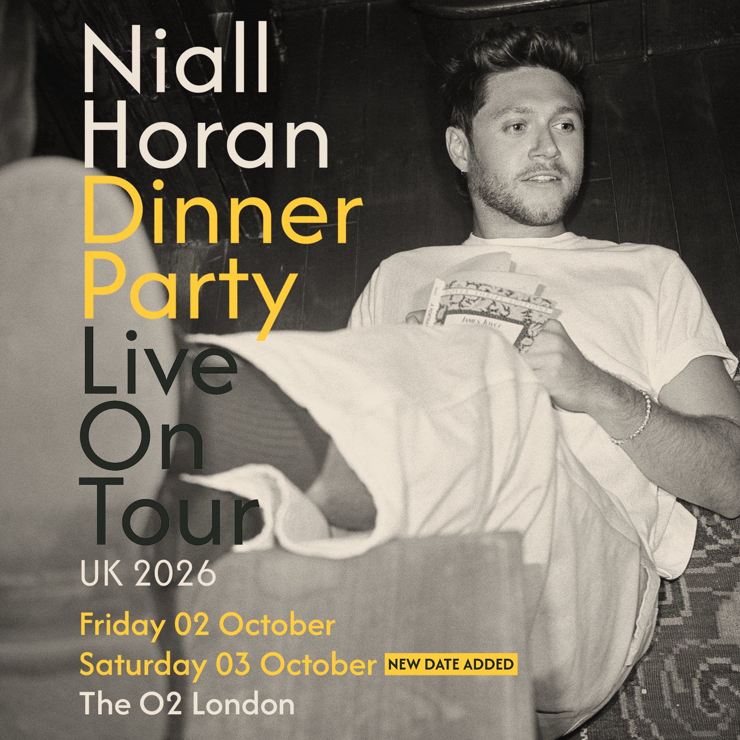 Official Niall Horan Dinner Party Live On Tour card artwork for The O2.