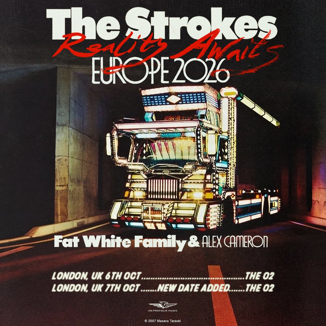 Official The Strokes Reality Awaits Europe 2026 card artwork for The O2.