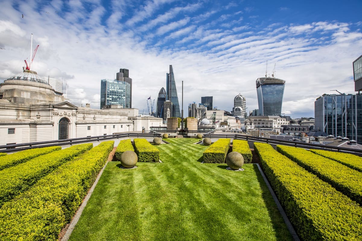 Coq d'Argent rooftop garden terrace with City skyline
